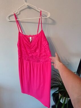 Cacique 22/24 Hot Pink Lace Cotton Sleep Chemise Nightgown Plus Size Lounge